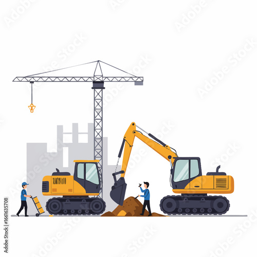 A vector illustration portrays a busy construction site, featuring powerful excavators, a towering crane, and diligent workers shaping urban infrastructure.