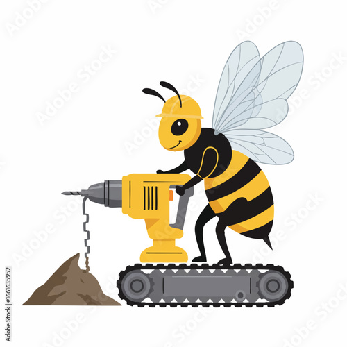 A cheerful cartoon bee in a yellow hard hat operates a powerful tracked drill, diligently excavating a mound of earth with focused determination.