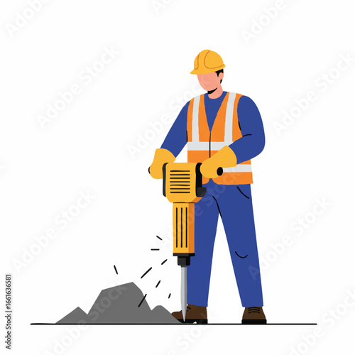 A diligent construction worker, equipped with a hard hat and safety vest, operates a powerful jackhammer to break apart concrete, symbolizing vital labor.