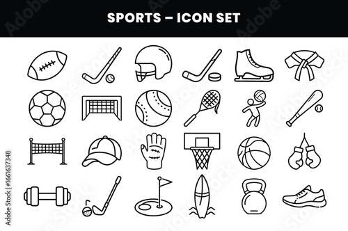  Sports icon set isolated on white background featuring various game equipment