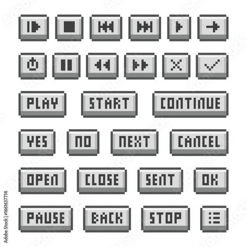 A collection of retro pixel art UI buttons for games and apps.