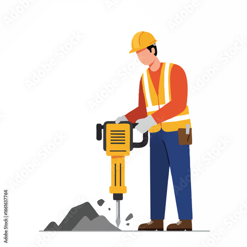 A professional male construction worker, wearing essential safety equipment, operates a heavy-duty jackhammer to efficiently break apart rocky terrain.