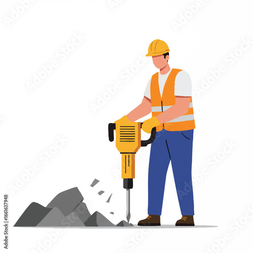 A diligent construction worker wearing a safety vest and hard hat operates a powerful jackhammer, diligently breaking up concrete on a job site.
