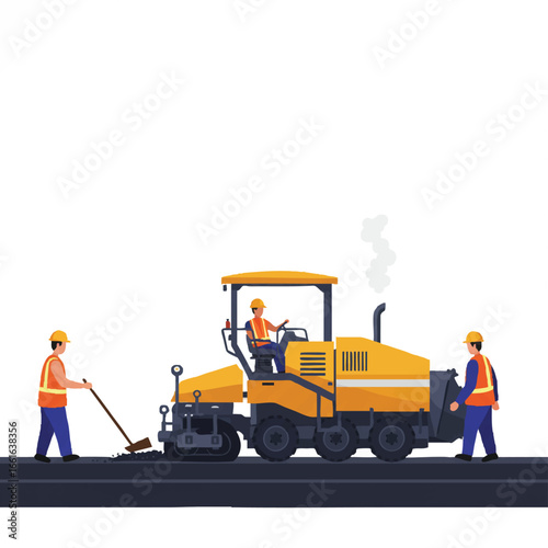 Three construction workers, wearing safety gear, are diligently paving a new road with an asphalt paver, ensuring smooth and durable infrastructure development.