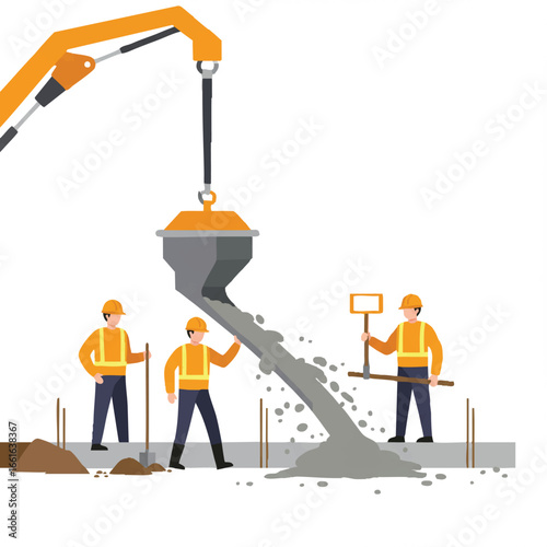 Skilled construction workers in safety gear diligently pour fresh concrete for a new foundation, showcasing efficient teamwork and modern building processes.
