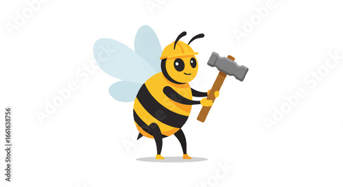 A cheerful cartoon bee, diligently wearing a protective yellow hard hat and holding a large hammer, symbolizes hard work and construction efforts.