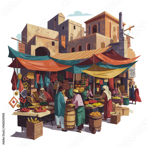 A vibrant illustration of a bustling marketplace with people shopping and vendors selling goods under colorful awnings.