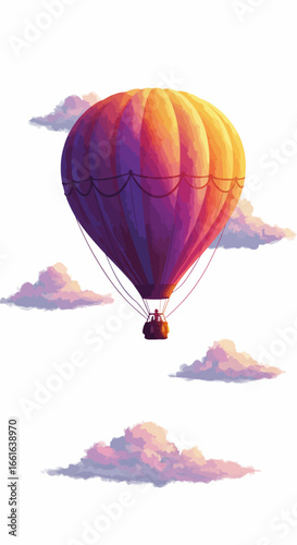 A colorful hot air balloon floats among fluffy clouds in a bright, clear sky.