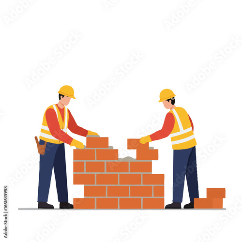 Two dedicated construction workers wearing safety gear are diligently laying bricks to build a sturdy wall, showcasing teamwork and skilled labor in the construction industry.