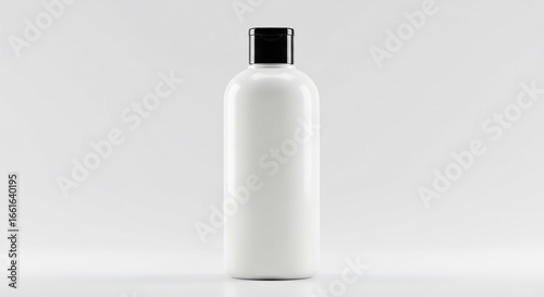 Flacon blanc lisse refl�te une lumi�re douce fond blanc pur. AI Generated