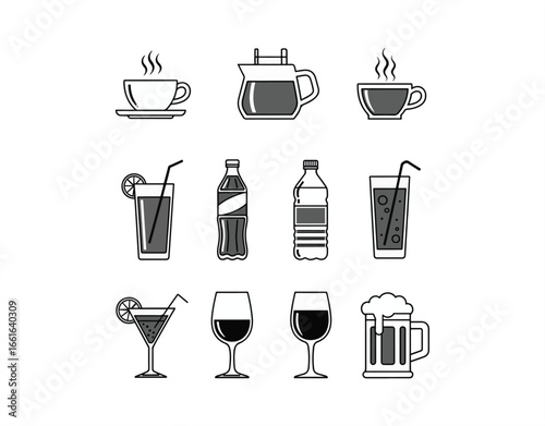 Beverages Concept: Black vector line icons. Perfectly pixelated. Stroke is editable.