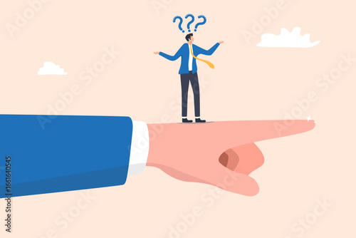Businessman Standing on Giant Hand Pointing Forward with Question Mark Above Head, indicating confusion of a professional facing important guidance or decisions