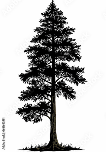 Detailed black silhouette of a tall, majestic evergreen tree with visible trunk and roots against a white background.