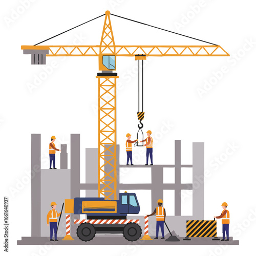 A vibrant illustration captures a busy construction site, showcasing a large yellow crane, an excavator, and workers diligently erecting a modern building.