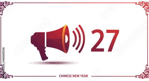 A red megaphone icon with sound waves next to the number 27, framed with decorative elements, for Chinese New Year.