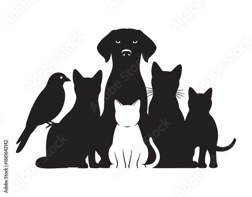 A black and white outline of pets featuring the word Adopt

