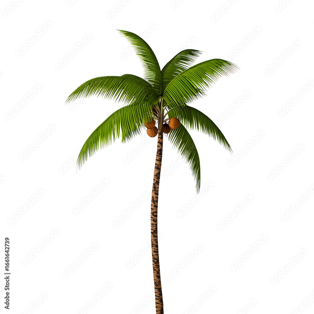 Obraz premium A tall vibrant green coconut palm tree with coconuts against a black background