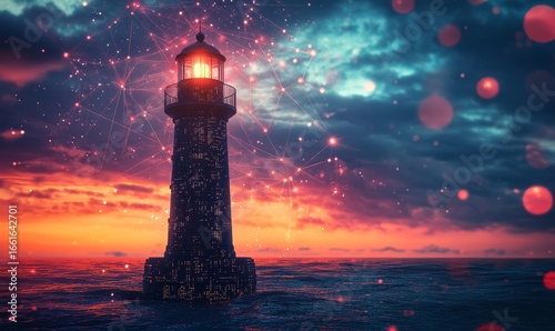 Towering lighthouse in a futuristic, digital world, representing the role of evolving technology in guiding innovation and leadership toward a brighter future, Generative AI