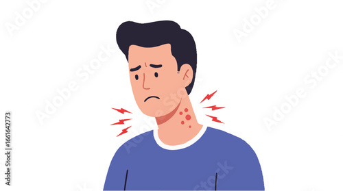 Illustration of a man with a sore throat and red, inflamed neck area