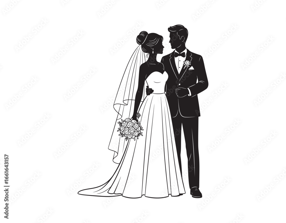 Fototapeta premium Bride and Groom. Vector Silhouettes of Couples for Wedding Invites