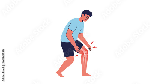 vector Illustration of a man experiencing knee pain and discomfort, indicated by red arrows.