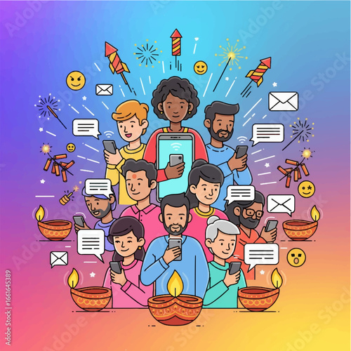 Vector line art of people sending Diwali greetings online with diyas, fireworks, and neon gradient background.