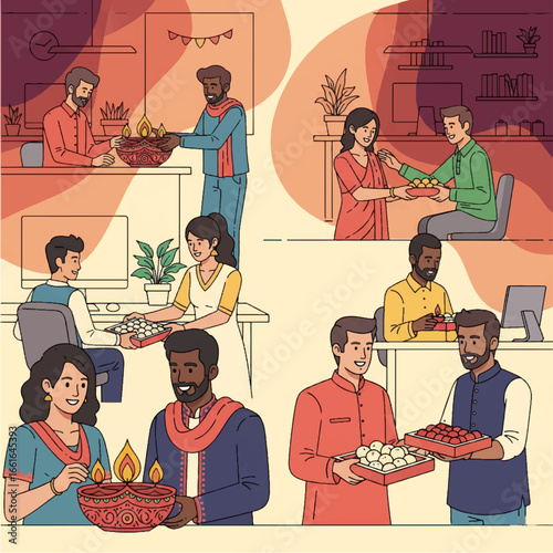 Vector line art of coworkers celebrating Diwali in office with diyas and sweets, glowing gradient background.