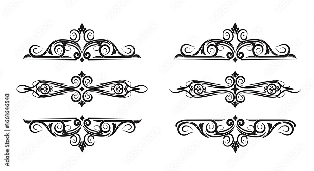 Obraz premium Set of six ornate black and white decorative scrollwork dividers and borders with floral elements