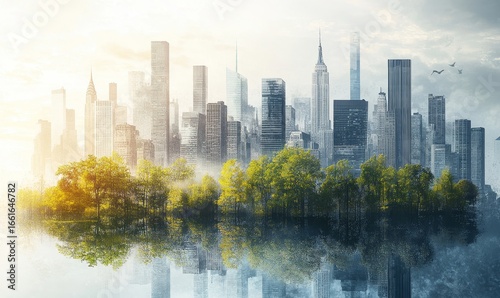 Cityscape merging with nature, representing urban biodiversity and illustrating the potential for harmonious coexistence between urban development and natural ecosystems, Generative AI