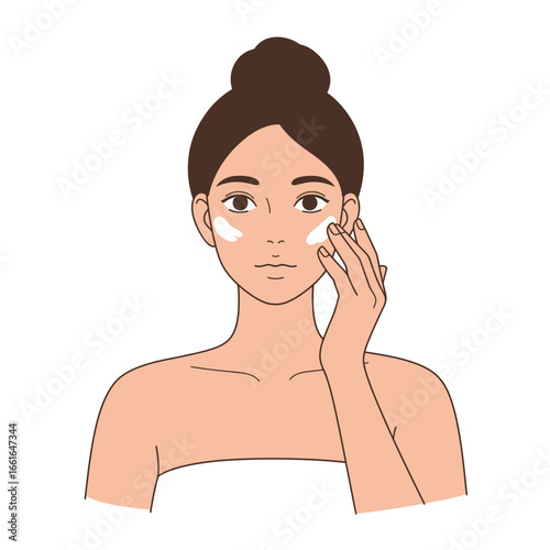 An elegant illustration of a young woman with her hair up, gently applying a skincare cream to her face as part of a daily beauty regimen.