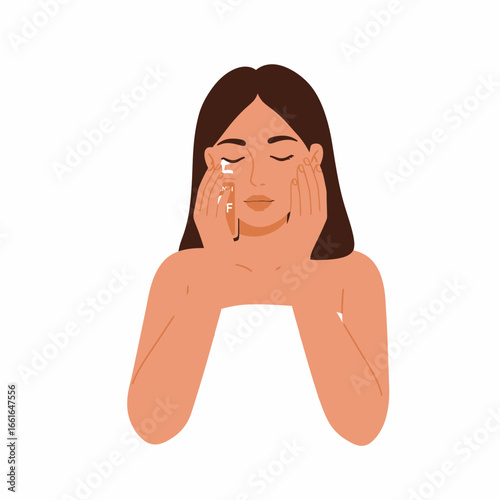 Woman with dark hair gently applies nourishing facial cream to her face, embodying a mindful self-care beauty routine for a fresh, glowing skin.