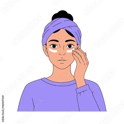 This illustration depicts a young woman in a purple top and headband, gently applying under-eye cream for a refreshing and revitalizing skincare treatment.