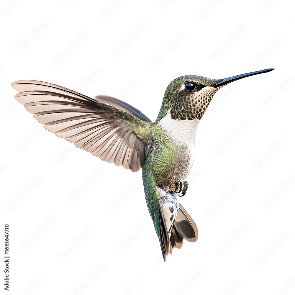 Fototapeta premium Elegant Flying Hummingbird Side Profile Isolated