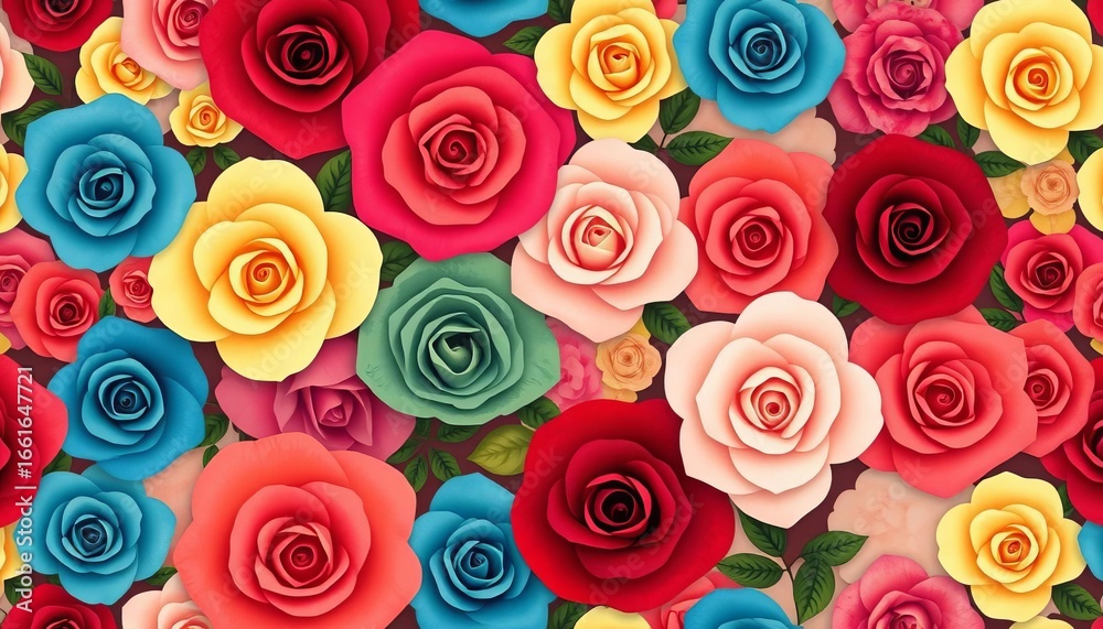 Abstract patchwork of stylized rose blossoms in varying colors and shapes, seamless vector pattern,  retro,  whimsical