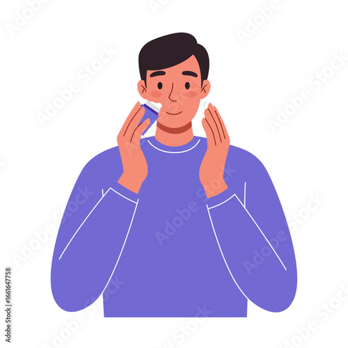 An illustrated young man applies a facial moisturizer to his cheek, demonstrating a modern approach to men's daily grooming and self-care.