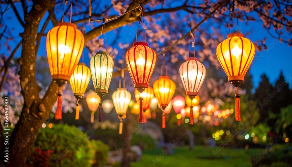 Fototapeta premium Colorful paper lanterns hang from a tree at twilight, illuminated by warm light.