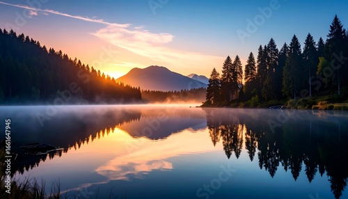 Serene lake sunrise, mountains reflect