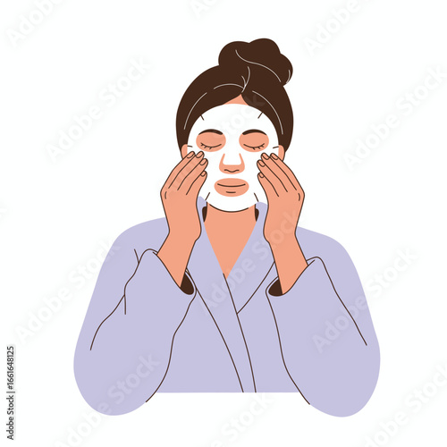 An illustration of a woman in a comfy robe applying a hydrating face mask, enjoying a relaxing self-care beauty routine at home.