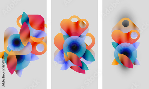 Abstract colorful shapes overlap, creating vibrant compositions. Three panels display similar designs with slight variations. Soft gradients dominate visuals.