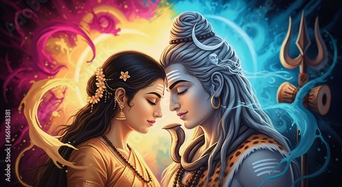 Lord shiva and goddess parvati in a loving embrace with vibrant spiritual energy