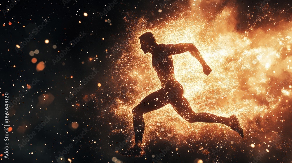 Naklejka premium Fiery Sprint: A Silhouette of an Athlete Running Through Embers