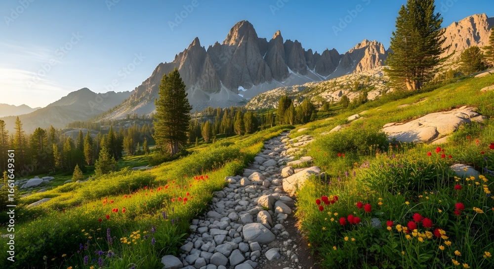 Obraz premium A rocky path leads through a vibrant meadow towards towering mountains under a clear blue sky