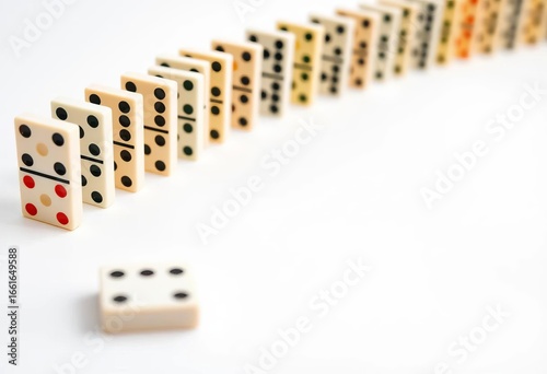 A row of dominoes falling in a chain reaction on a white background, domino effect,  tiles