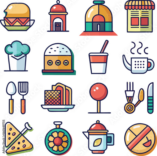 Collection of food and drink icons representing various culinary delights and dining experiences for your projects