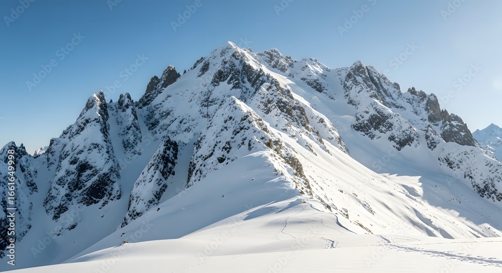 Fototapeta premium A majestic mountain range covered in snow under a clear blue sky on a bright sunny winter day view
