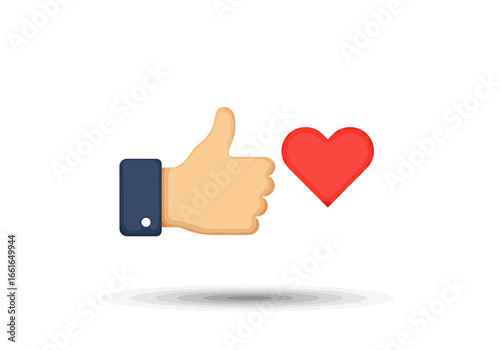 A cartoon-style illustration of a thumbs-up hand and a red heart icon.