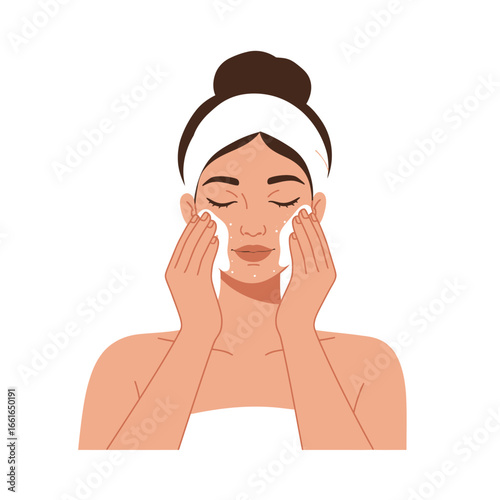 A serene young woman with a headband gently cleanses her face using a foamy product, illustrating a daily skincare routine for beauty and self-care.