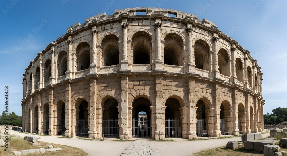 Obraz premium Exterior view of the arena of nîmes in france showcasing its ancient roman architecture and design elements