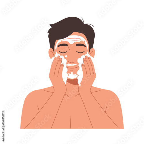 An illustration depicts a young man diligently washing his face with a gentle foamy cleanser as part of his essential daily skincare regimen.