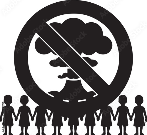 Children holding hands in front of a no nuclear explosion symbol